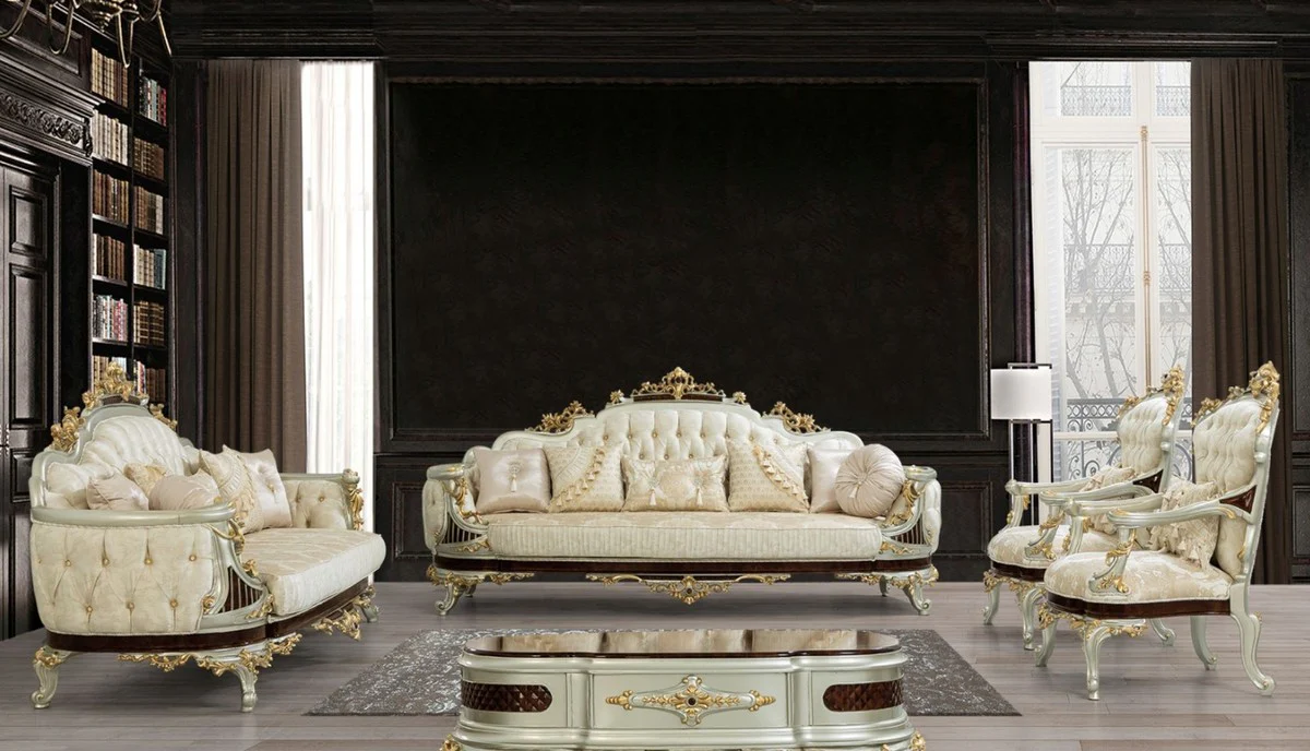 Luxus Barock Couchtisch Dunkelbraun / Silber / Gold 132 x 95 x H. 50 cm - Prunkvoller Massivholz Wohnzimmertisch - Barock Möbel
