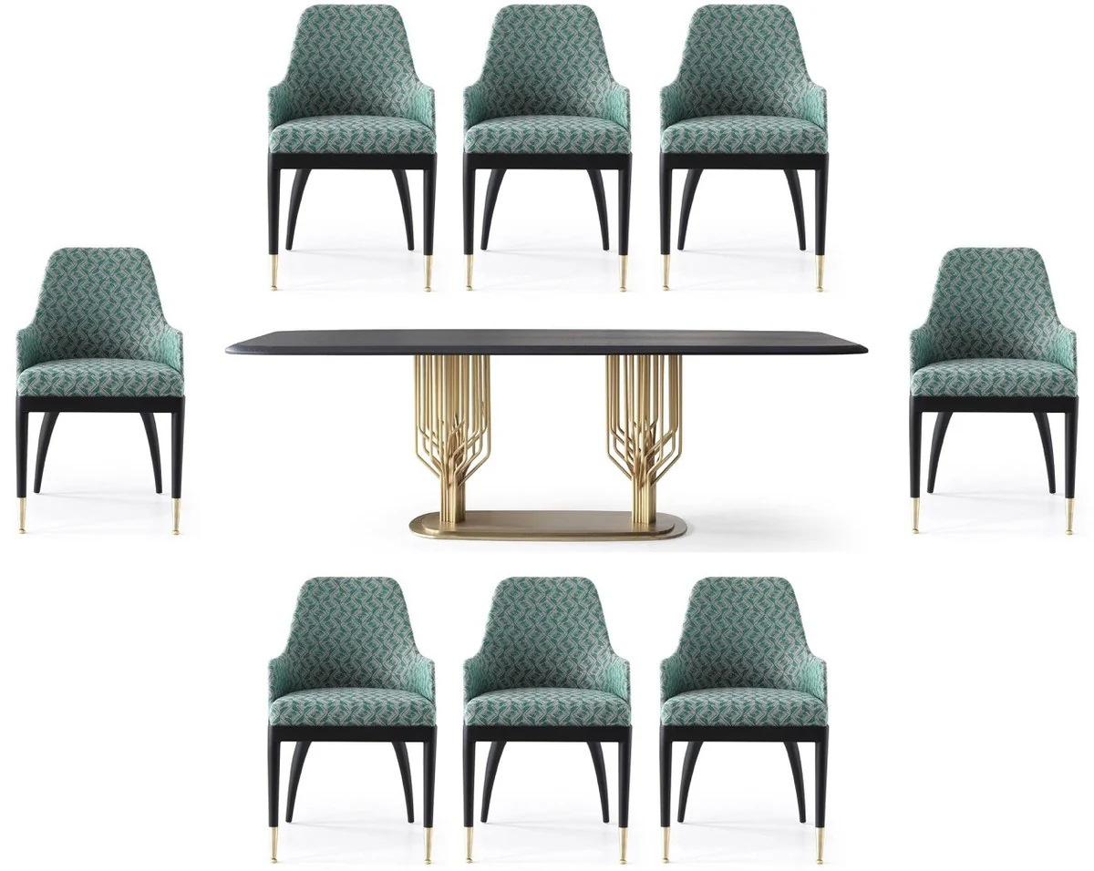 Luxus Esszimmer Set Grün Muster / Schwarz / Messing - 1 Luxus Esstisch & 8 Luxus Esszimmerstühle - Esszimmer Möbel - Luxus Möbel - Luxus Kollektion