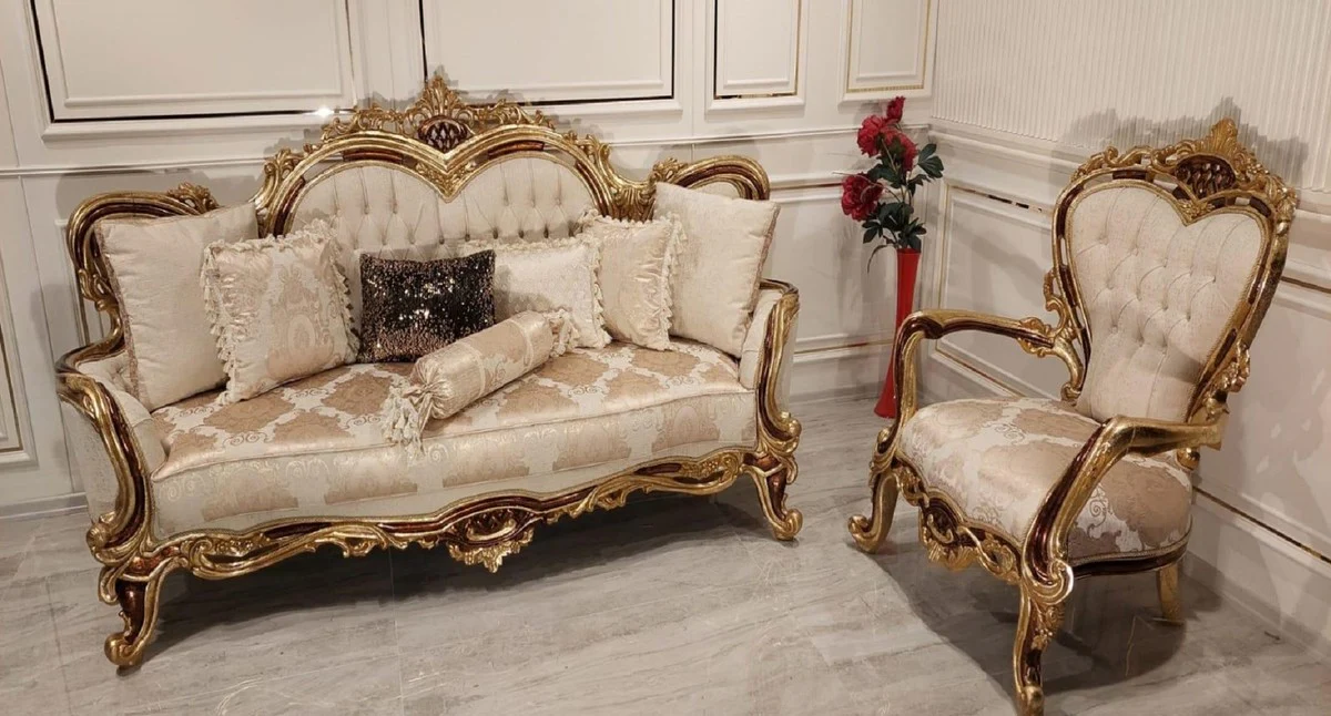 Luxus Barock Sofa Cremefarben / Braun / Gold - Prunkvolles Wohnzimmer Sofa mit elegantem Muster - Barock Möbel - Edel & Prunkvoll