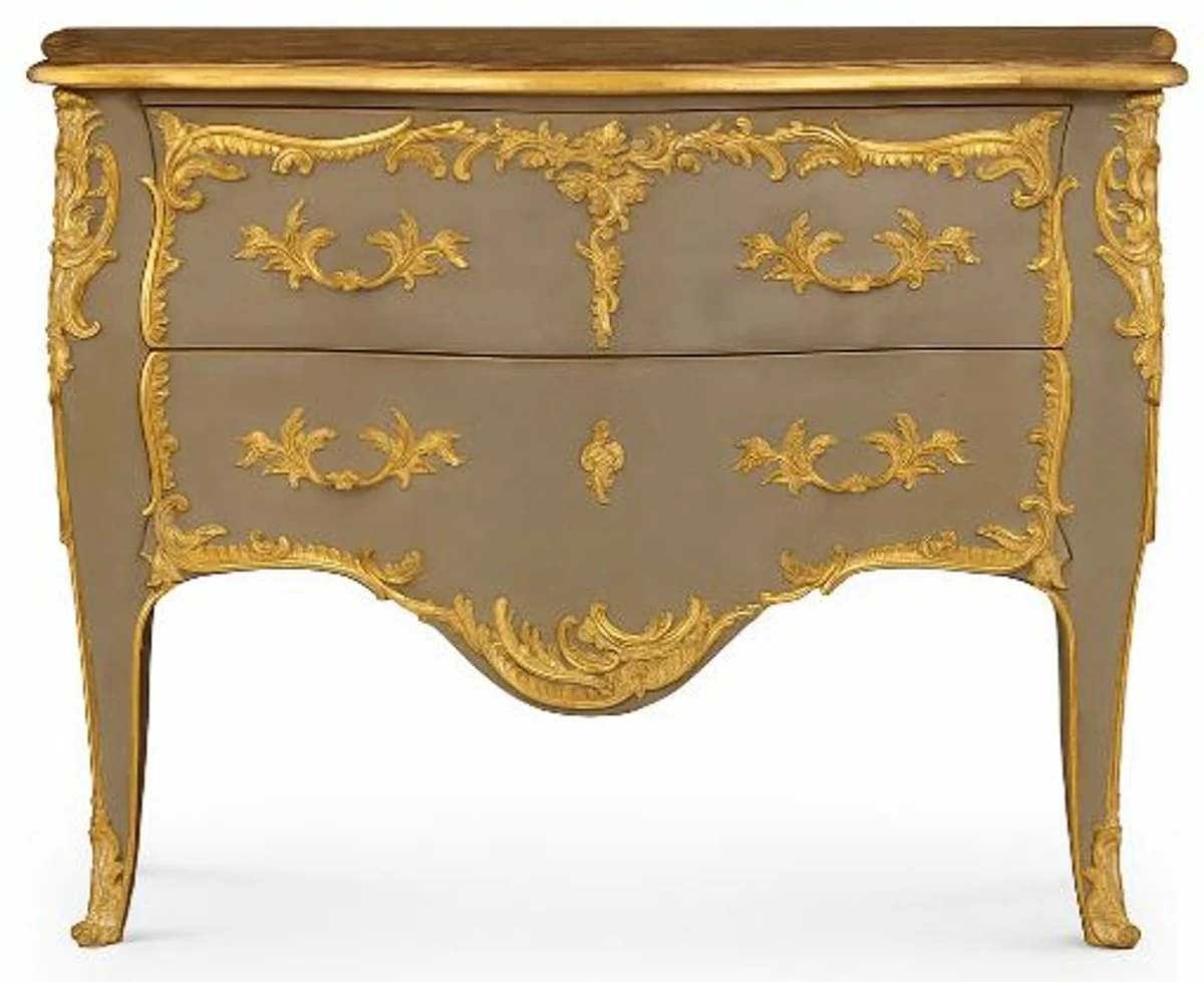 Barock Kommode mit 2 Schubladen Antik Grau / Gold - Handgefertigte Massivholz Kommode im Barockstil - Handgefertigte Barock Möbel - Edel & Prunkvoll