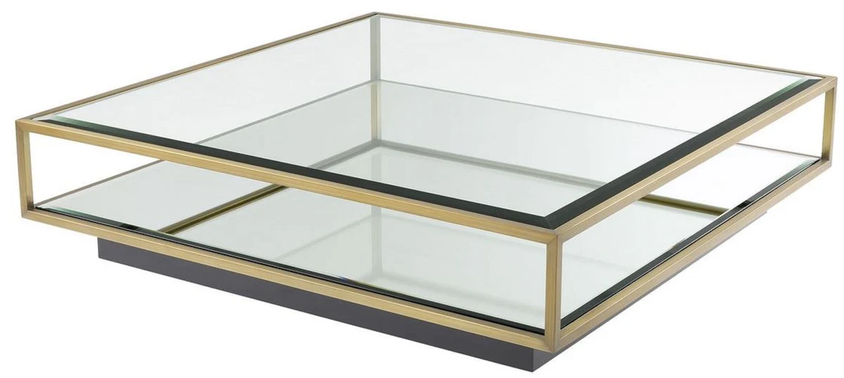 Luxus Couchtisch Messingfarben / Schwarz 120 x 120 x H. 30 cm - Quadratischer Edelstahl Wohnzimmertisch mit Spiegelglas und Glasplatte - Wohnzimmer Möbel - Luxus Qualität