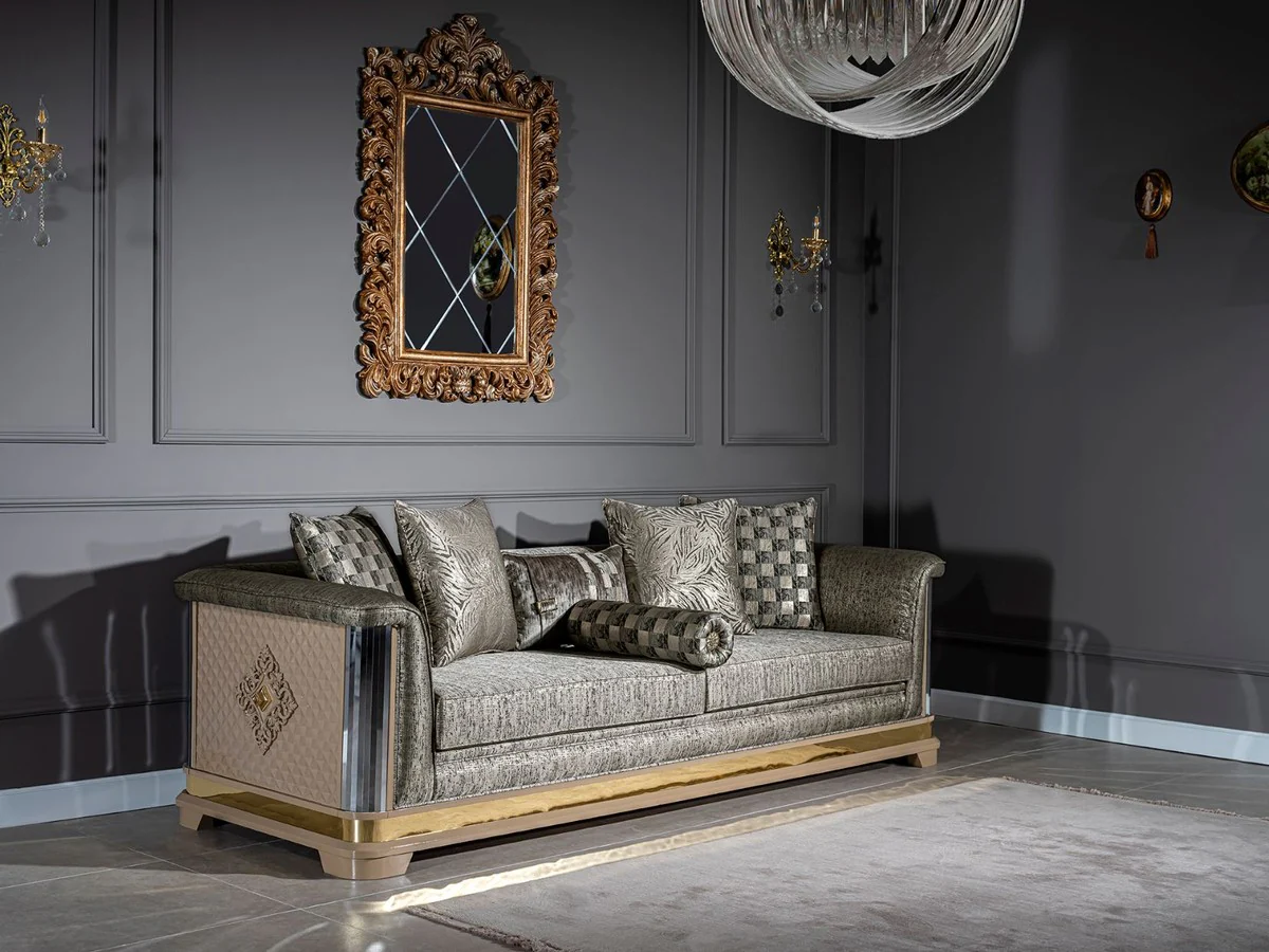 Luxus Art Deco Wohnzimmer Set Silber / Schwarz / Beige / Gold - 2 Sofas & 2 Sessel & 1 Couchtisch - Art Deco Wohnzimmer Möbel