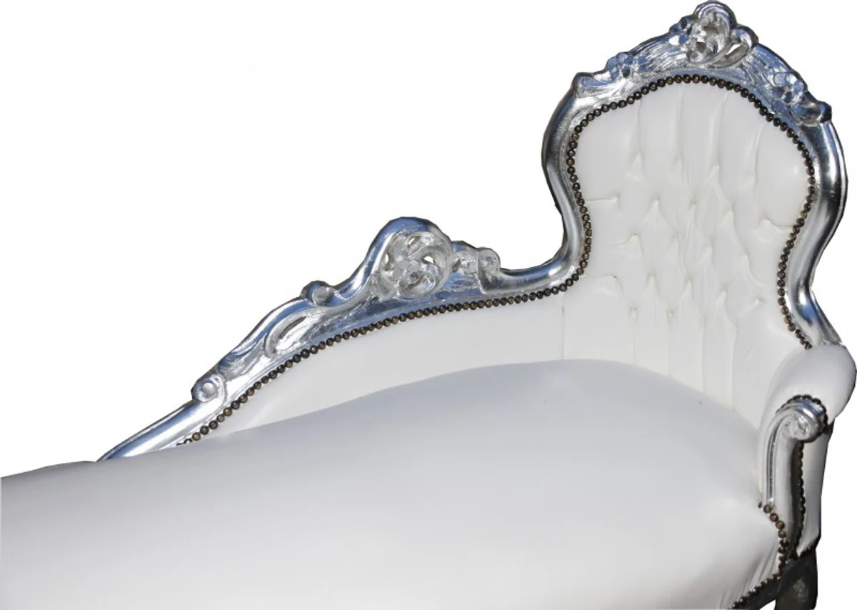 Barock Chaiselongue Weiß/Silber Lederoptik