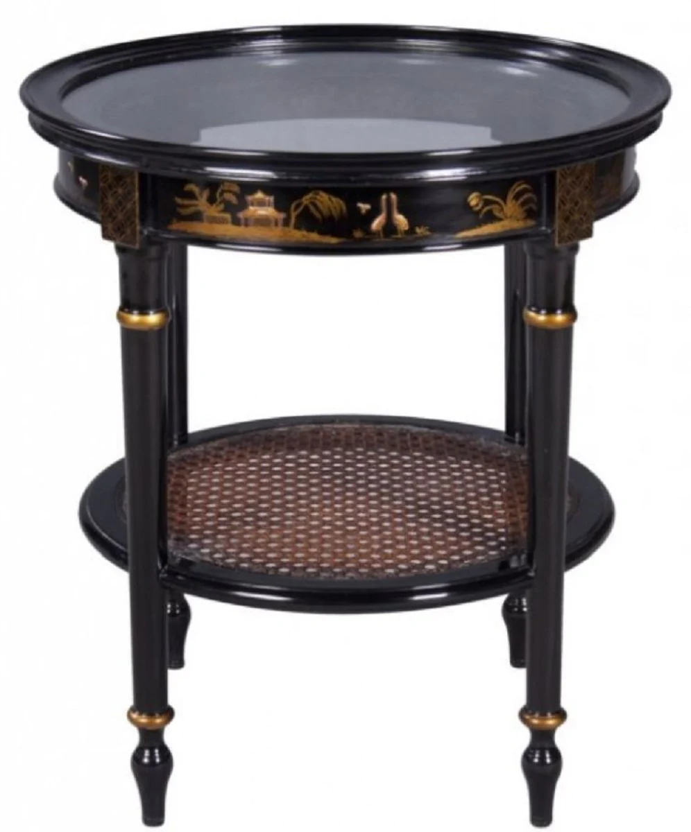Luxus Barock Beistelltisch Schwarz / Gold Ø 48 x H. 53 cm - Runder Mahagoni Beistelltisch mit Glasplatte und chinesischen Verzierungen