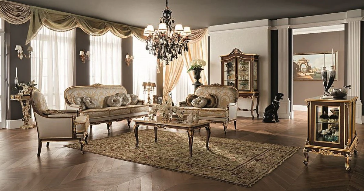 Luxus Barock Couchtisch mit Marmorplatte Creme / Dunkelbraun / Gold - Prunkvoller Wohnzimmertisch im Barockstil - Barock Möbel - Edel & Prunkvoll - Luxus Qualität - Made in Italy