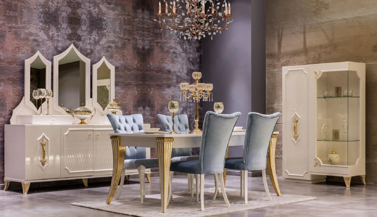 Luxus Barock Vitrine Weiß / Gold - Handgefertigter Massivholz Vitrinenschrank mit 2 Türen - Barock Möbel - Edel & Prunkvoll