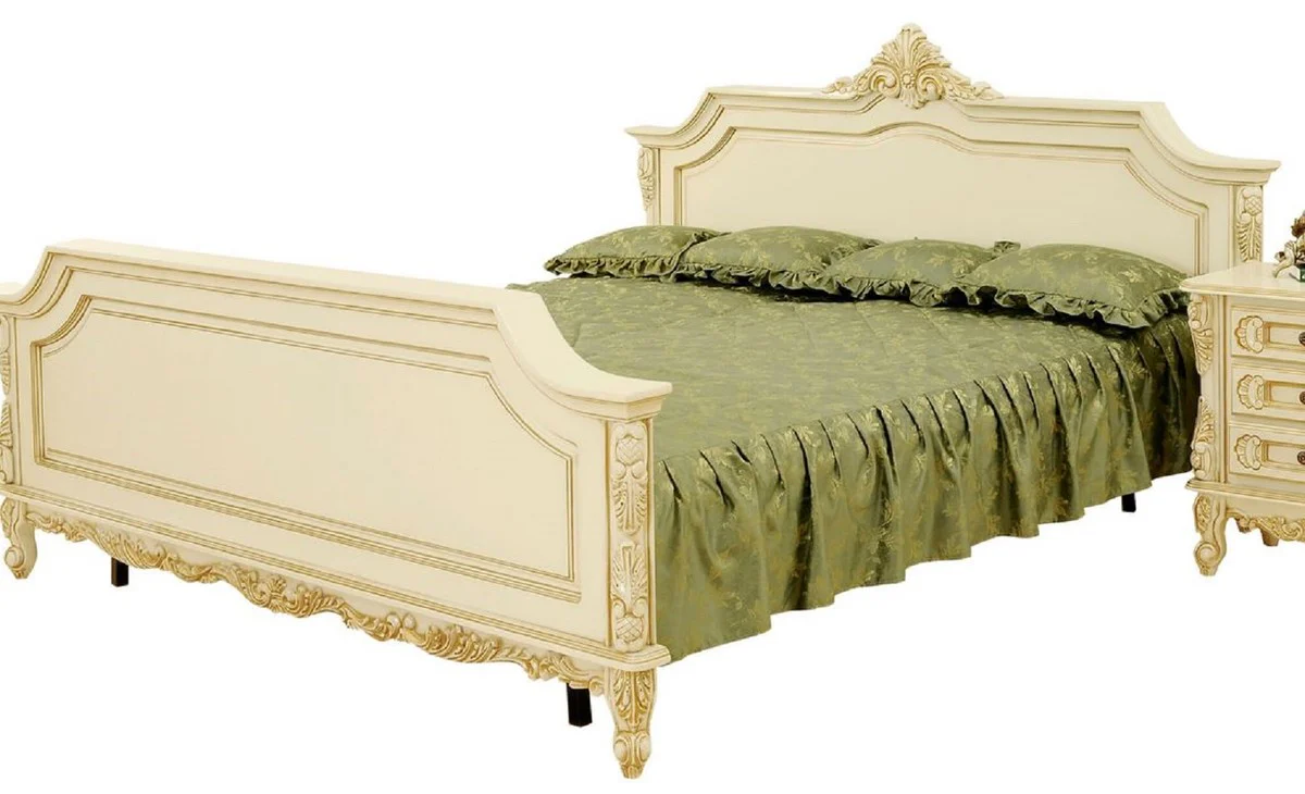 Luxus Barock Doppelbett Creme / Beige - Prunkvolles Massivholz Bett - Luxus Schlafzimmer Möbel im Barockstil - Barock Schlafzimmer Möbel - Edel & Prunkvoll
