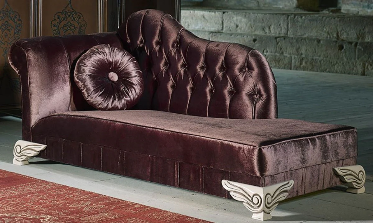 Luxus Barock Chaiselongue Lila / Creme - Handgefertigte Massivholz Recamiere mit edlem Samtstoff und dekorativem Kissen - Barock Möbel - Edel & Prunkvoll