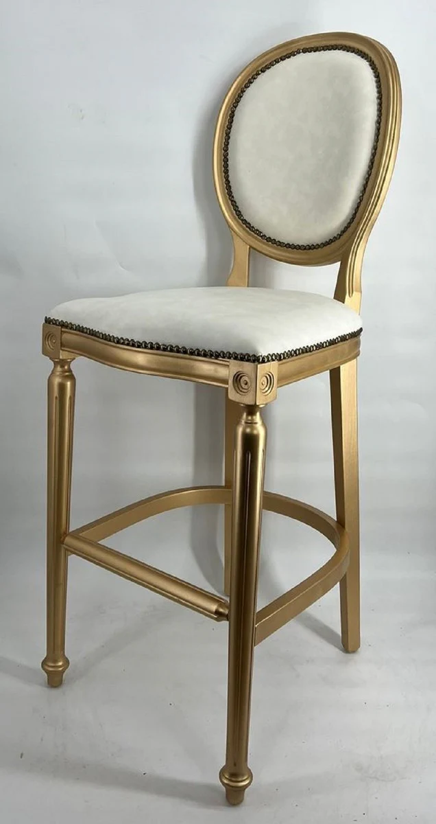 Barock Barstuhl Hellgrau / Gold - Handgefertigter Massivholz Barhocker mit edlem Samtstoff - Barock Bar Möbel - Edel & Prunkvoll