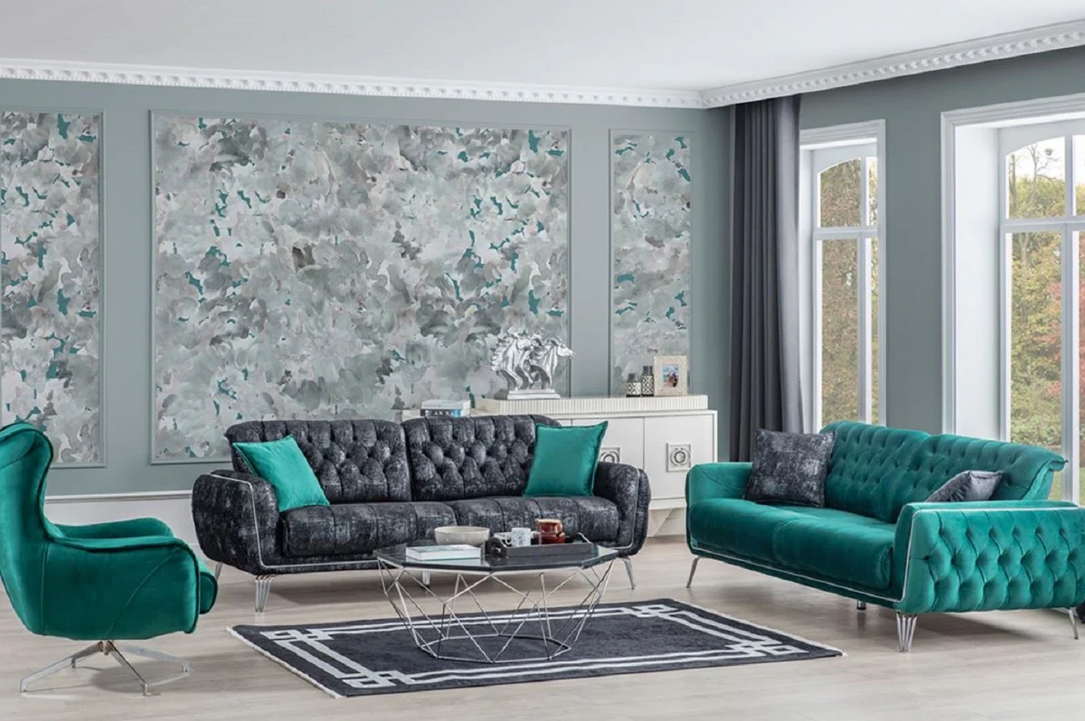 Luxus Chesterfield Schlafsofa Grün / Silber 230 x 95 x H. 75 cm - Modernes Wohnzimmer Sofa - Chesterfield Wohnzimmer Möbel