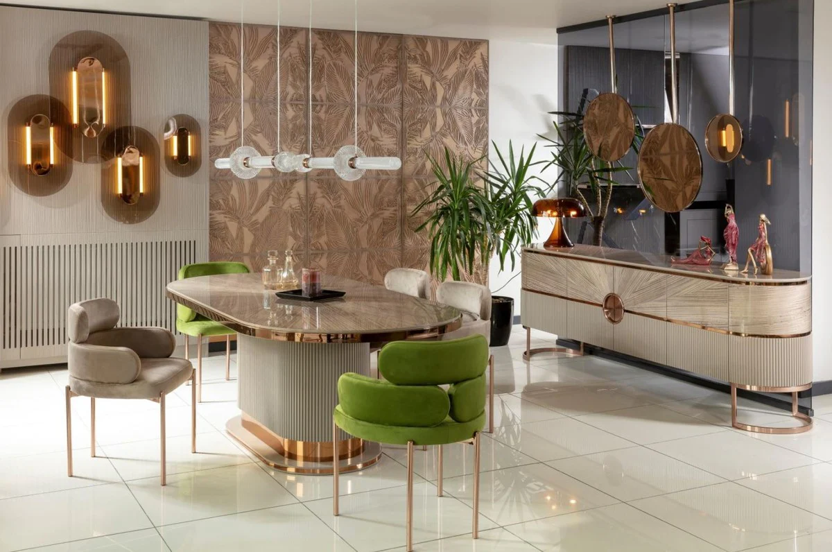 Luxus Esstisch Grau / Kupfer 220 x 105 x H. 75 cm - Ovaler Küchentisch - Esszimmer Möbel - Küchen Möbel - Luxus Möbel - Luxus Einrichtung