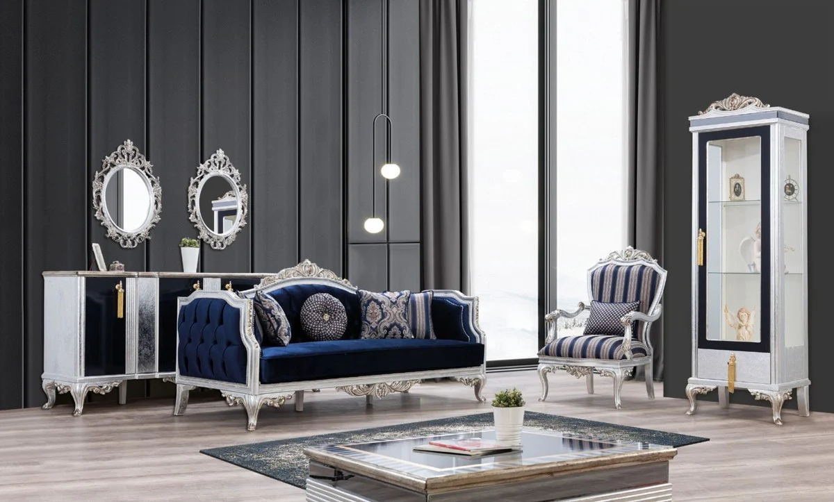 Luxus Barock Wohnzimmer Set Blau / Silber / Gold - 2 Sofas & 2 Sessel & 1 Couchtisch - Wohnzimmer Möbel im Barockstil - Edel & Prunkvoll