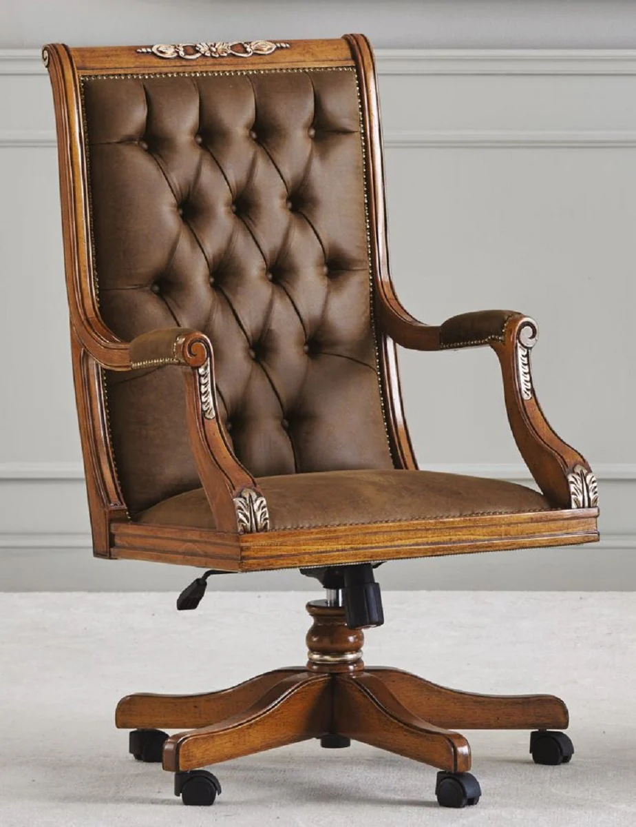 Luxus Barock Chesterfield Schreibtischstuhl Braun - Höhenverstellbarer Barockstil Bürostuhl mit edlem Kunstleder - Barock Büro Möbel - Luxus Qualität - Made in Italy