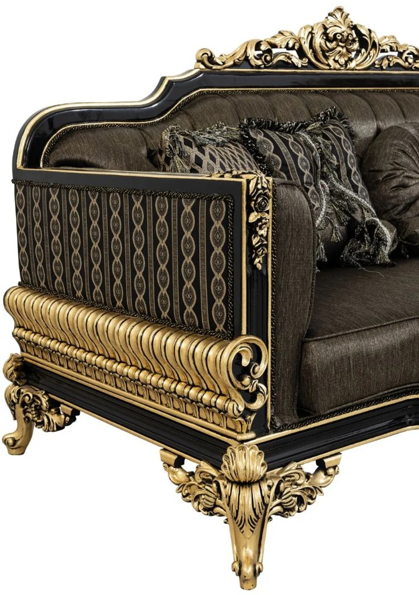 Luxus Barock Wohnzimmer Sofa mit Kissen Grau / Schwarz / Gold 235 x 93 x H. 115 cm - Barock Möbel - Edel & Prunkvoll