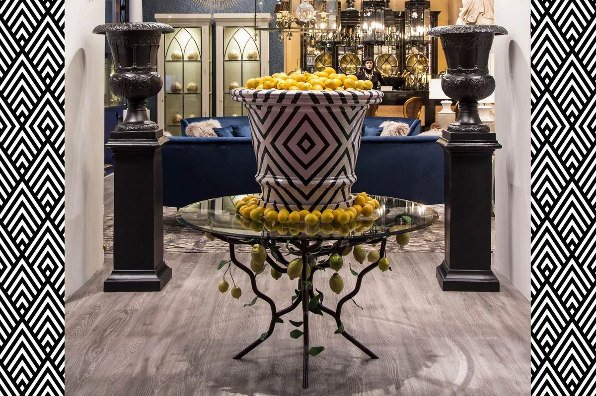 Luxus Esstisch Schwarz / Gelb / Grün Ø 120 x H. 75 cm - Handgeschmiedeter Schmiedeeisen Tisch mit Glasplatte und Zitronenstrauch Gestell - Esszimmer Garten Terrassen Möbel