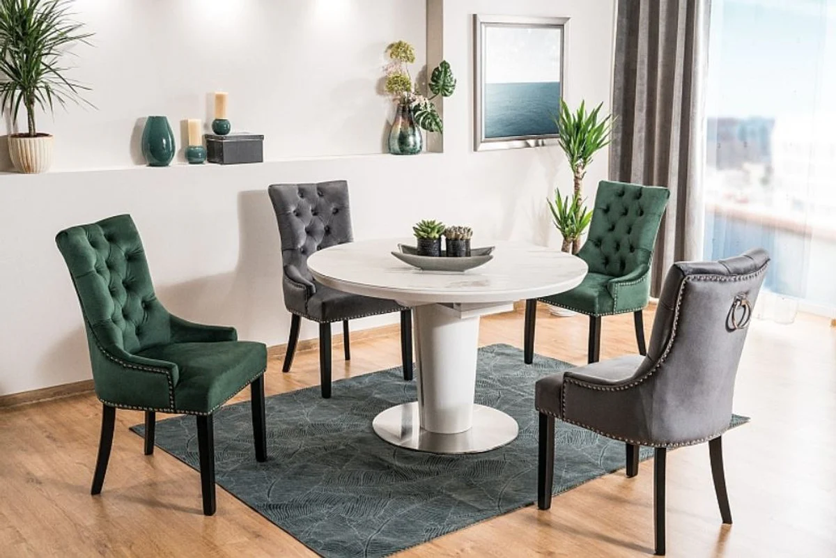 Luxus Esstisch Matt Weiß / Grau / Silber 120-160 x 120 x H. 76 cm - Moderner ausziehbarer Esszimmertisch mit Keramikplatten in Marmoroptik - Küchen Möbel