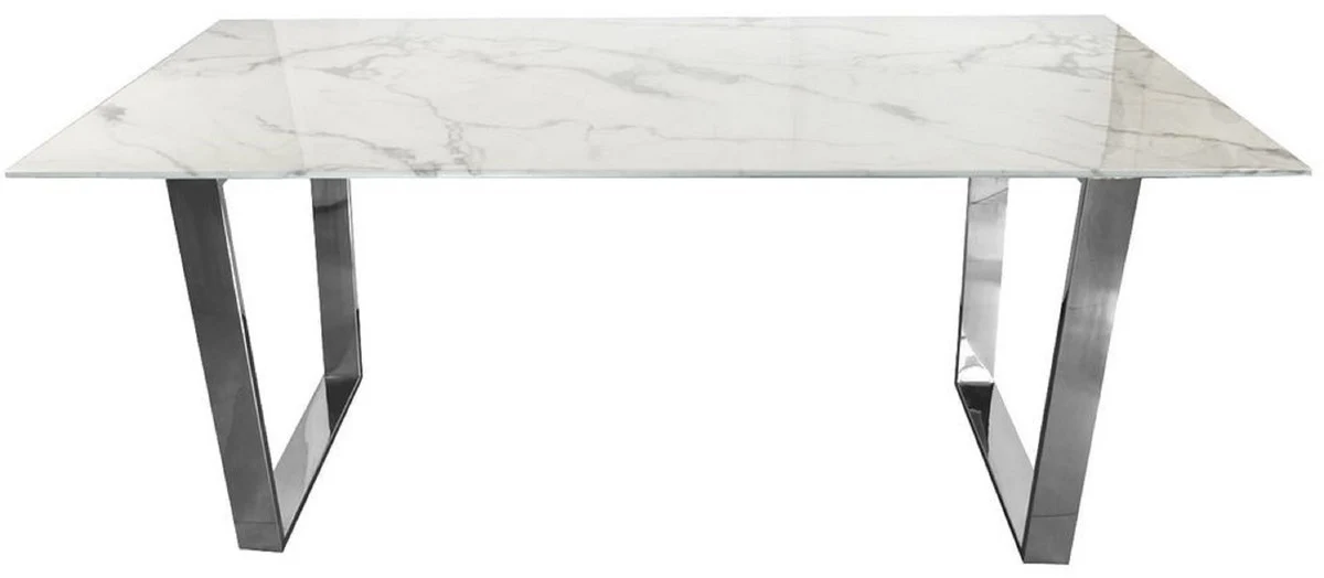 Luxus Esstisch Weiß / Silber 160 x 80 x H. 75 cm - Esszimmer Tisch mit Kunstmarmor Tischplatte - Esszimmer Möbel - Luxus Möbel - Luxus Einrichtung
