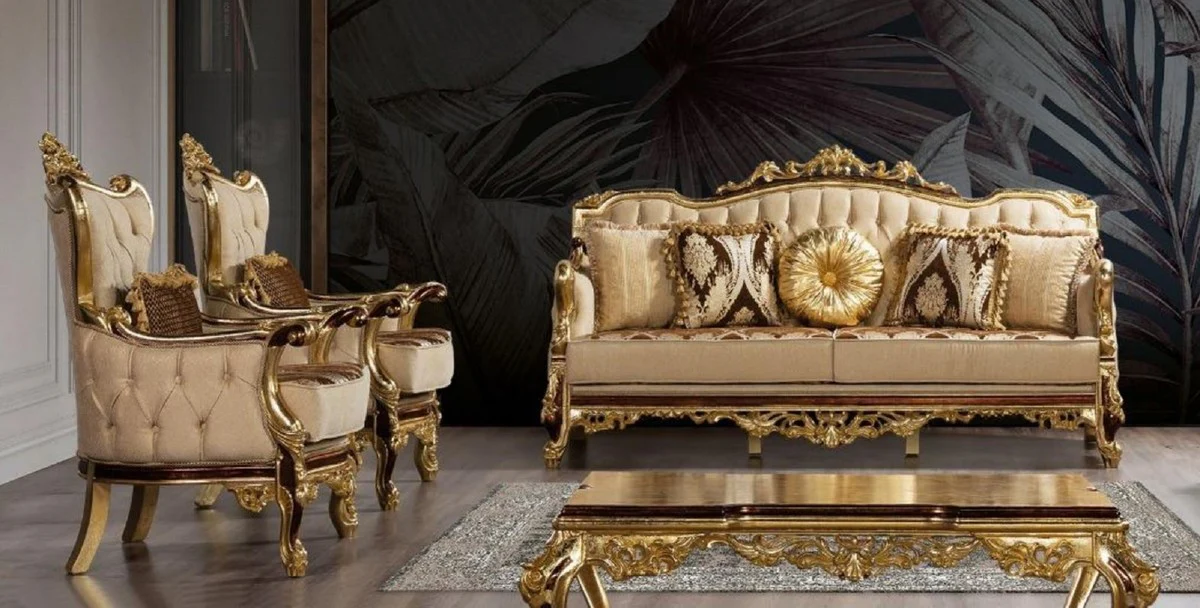 Luxus Barock Wohnzimmer Set Beige / Braun / Gold - 2 Barock Sofas mit Muster & 2 Barock Sessel mit Muster & 1 Barock Couchtisch - Barock Wohnzimmer Möbel