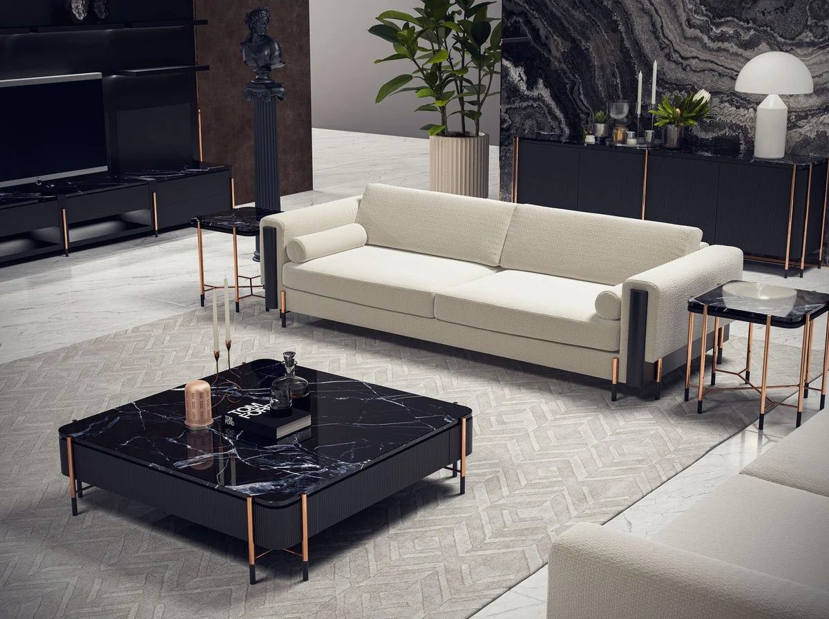 Luxus Beistelltisch Schwarz / Matt Schwarz / Kupfer 59 x 59 x H. 55 cm - Quadratischer Tisch mit Marmorplatte - Wohnzimmer Möbel - Hotel Möbel - Luxus Möbel