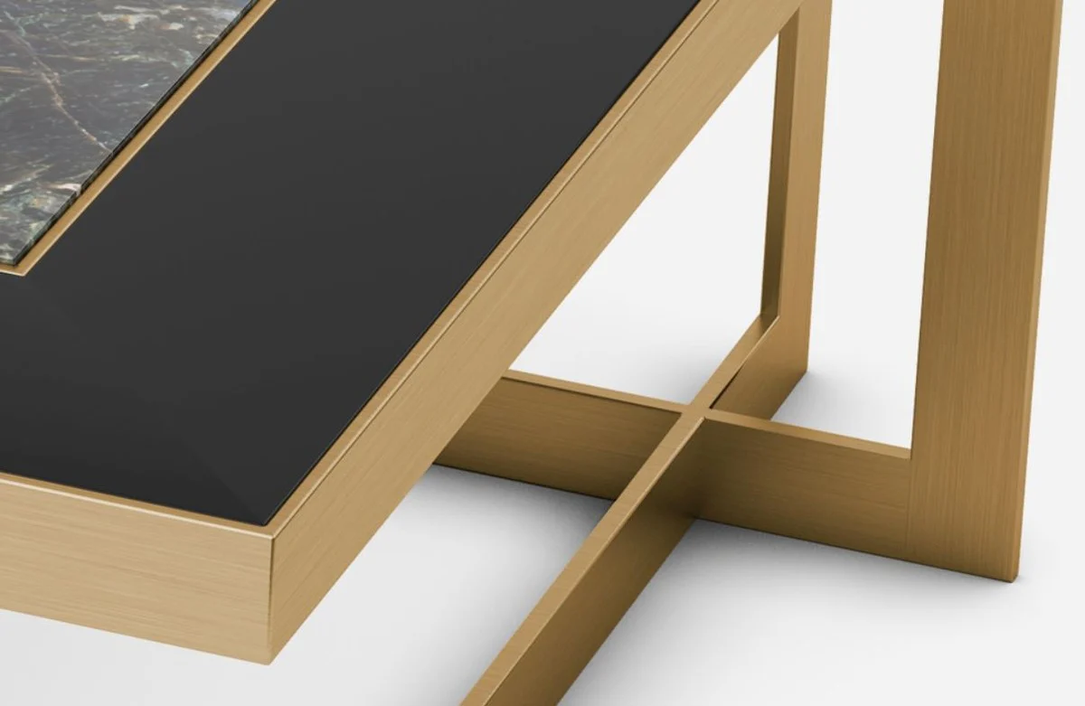 Luxus Couchtisch Messingfarben / Blau-Schwarz / Schwarz 93 x 93 x H. 40 cm - Moderner quadratischer Wohnzimmertisch mit Granitplatte & Glasplatte - Luxus Wohnzimmer Möbel