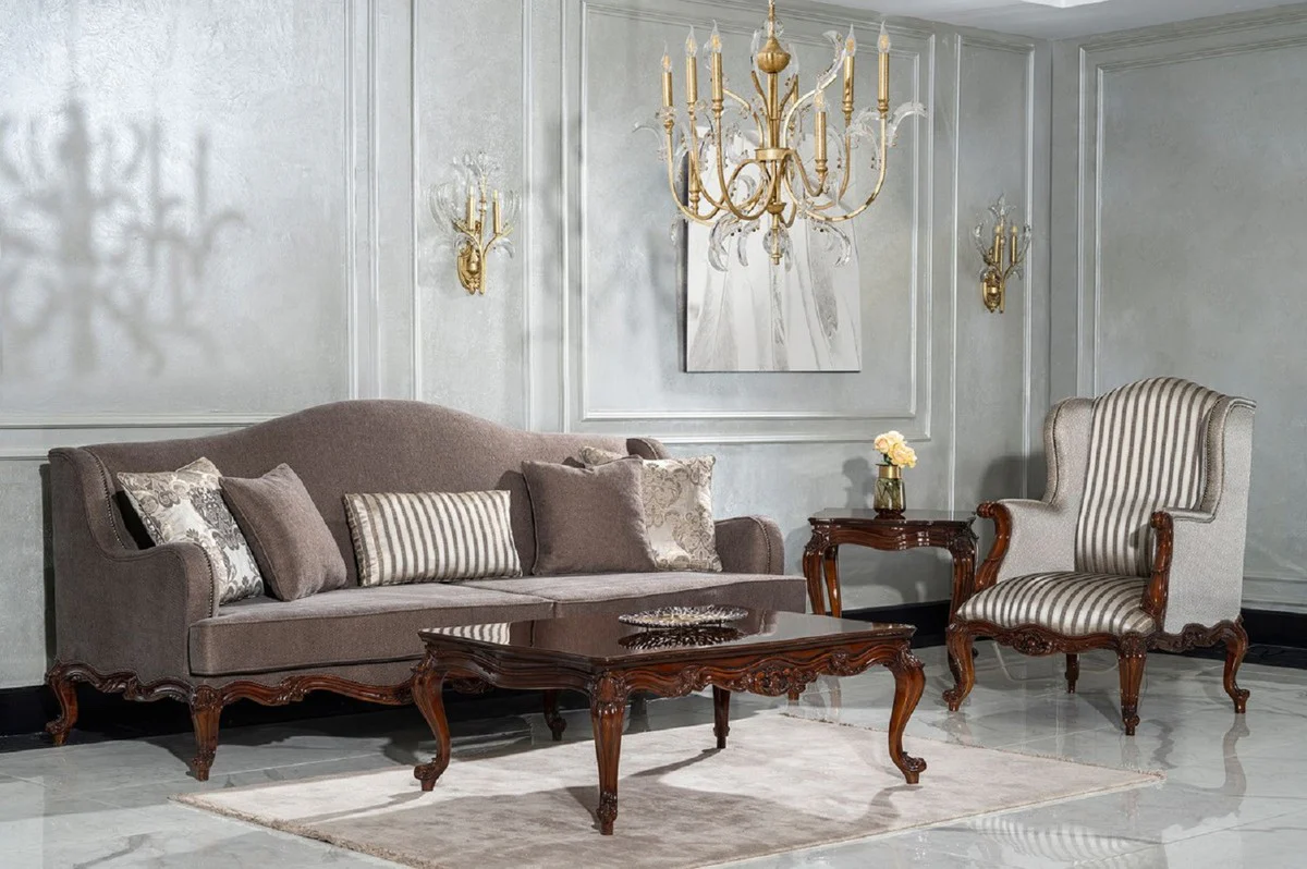 Luxus Barock Wohnzimmer Set Grau / Silber / Braun - 2 Sofas & 2 Sessel & 1 Couchtisch & 2 Beistelltische - Handgefertigte Wohnzimmer Möbel im Barockstil - Edel & Prunkvoll