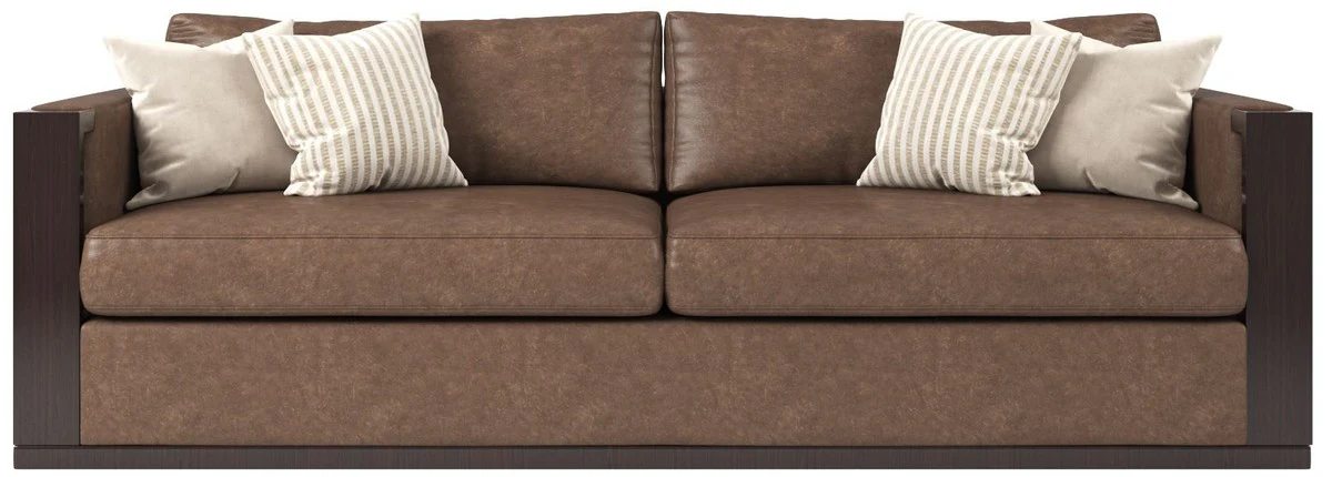 Luxus Art Deco Leder Sofa Braun / Dunkelbraun Hochglanz / Gold 245 x 95 x H. 75 cm - Edles Wohnzimmer Sofa - Luxus Qualität