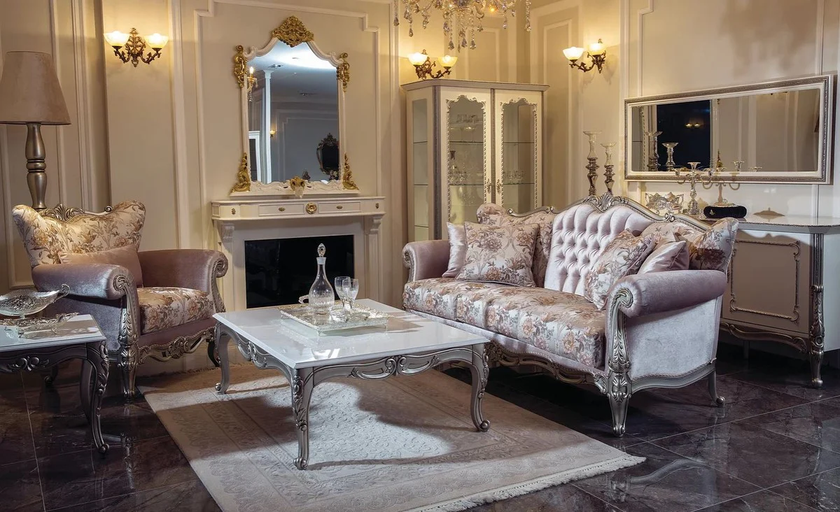 Luxus Barock Couchtisch Weiß / Silber 129 x 93 x H. 44 cm - Rechteckiger Massivholz Wohnzimmertisch im Barockstil - Barock Wohnzimmer Möbel