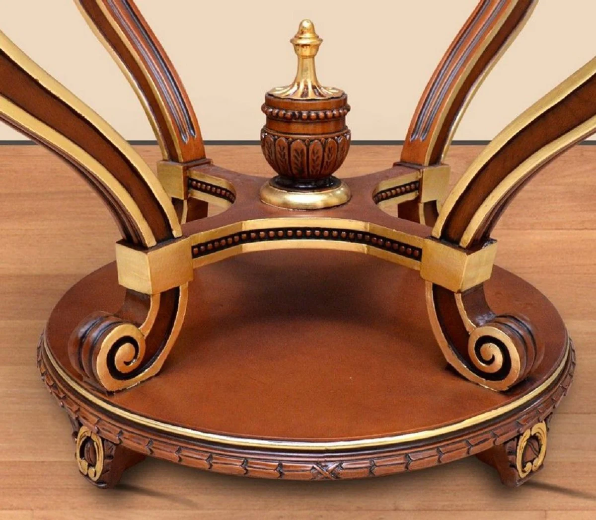 Barock Konferenztisch Braun / Gold - Runder Massivholz Büro Tisch mit Glasplatte - Barock Büro Möbel - Edel & Prunkvoll