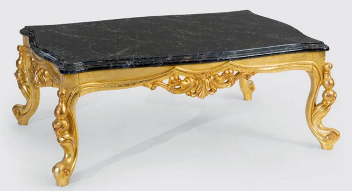 Luxus Barock Couchtisch Schwarz / Gold 120 x 80 x H. 50 cm - Prunkvoller Massivholz Wohnzimmertisch mit Tischplatte in Marmoroptik - Barock Möbel