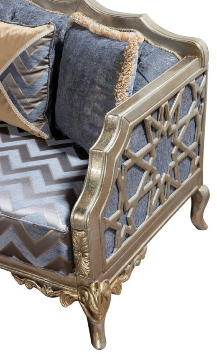 Luxus Barock Sofa Blau / Silber / Gold - Handgefertigtes Wohnzimmer Sofa im Barockstil - Barock Wohnzimmer Möbel - Edel & Prunkvoll