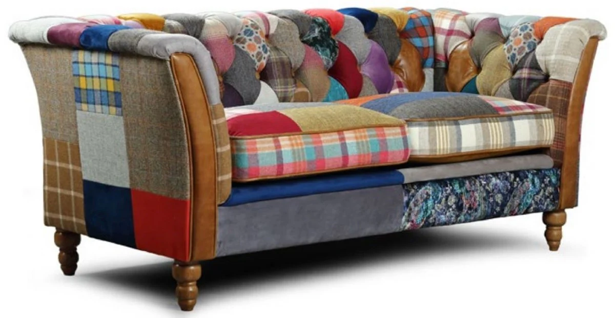 Luxus Chesterfield 2er Sofa Mehrfarbig / Braun 186 x 87 x H. 77 cm - Wohnzimmer Sofa mit Echtleder - Chesterfield Wohnzimmer Möbel