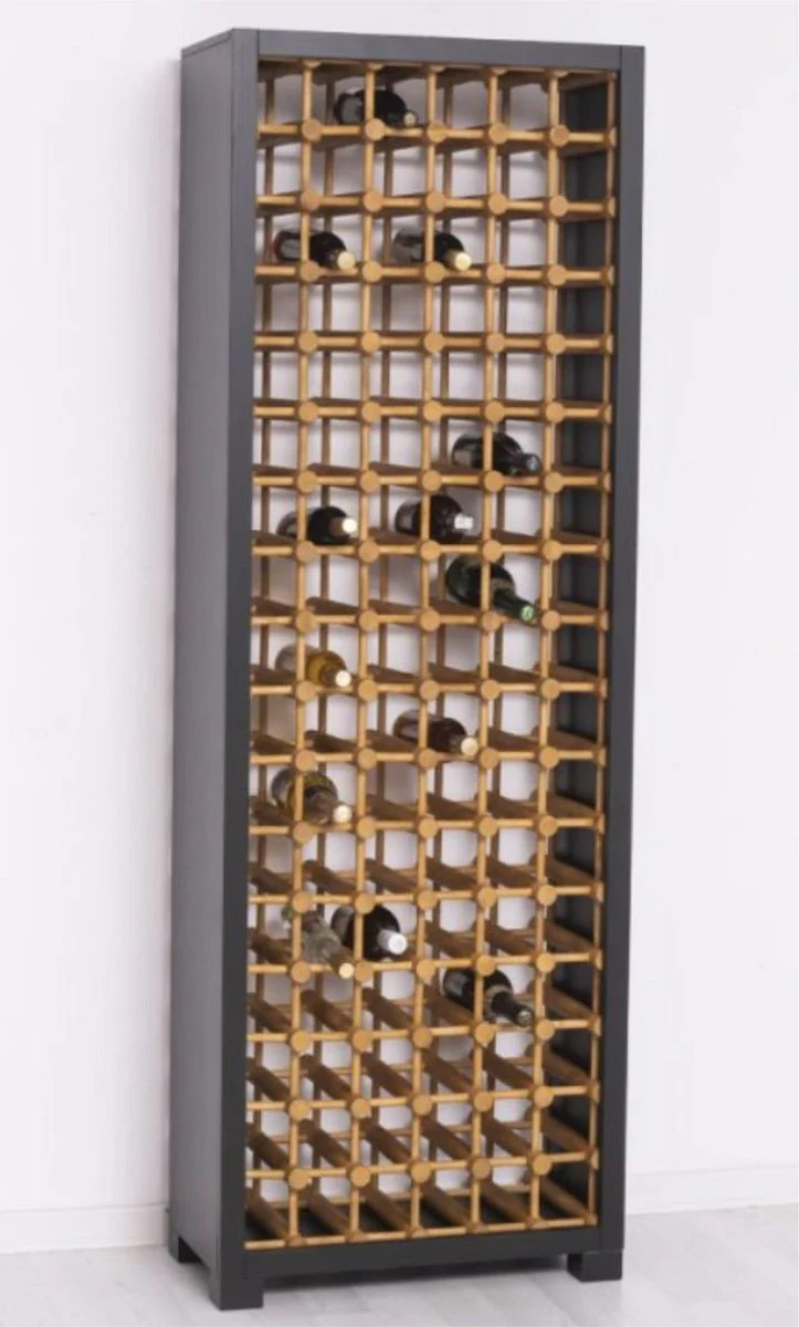 Landhausstil Massivholz Weinschrank Schwarz / Naturfarben 68 x 35 x H. 200 cm - Massivholz Weinregal im Landhausstil - Massivholz Bar Möbel - Landhausstil Bar Möbel