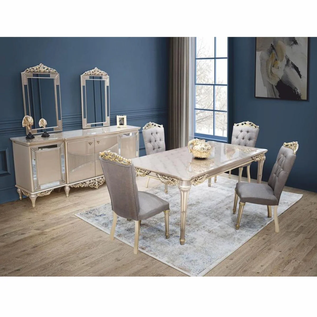 Luxus Barock Esszimmer Set - Prunkvoller Barock Esstisch mit 6 Stühlen