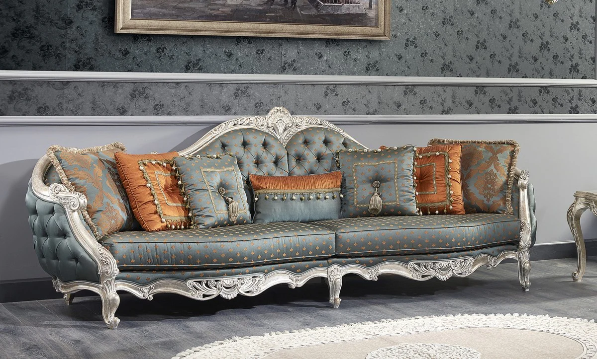 Luxus Barock Sofa Dunkeltürkis / Gold / Silber 310 x 99 x H. 113 cm - Prunkvolles Chesterfield Wohnzimmer Sofa im Barockstil