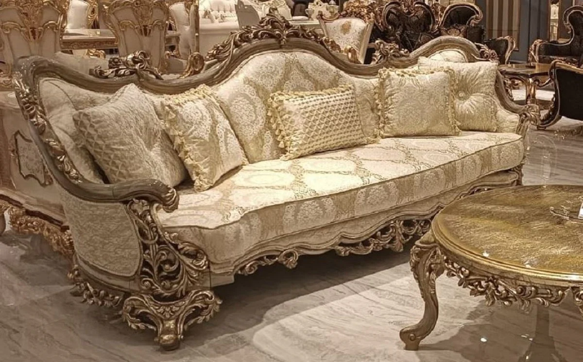 Luxus Barock Wohnzimmer Sofa mit Muster Gold / Grau - Handgefertigtes Barockstil Sofa - Luxus Wohnzimmer Möbel im Barockstil - Barock Möbel - Edel & Prunkvoll