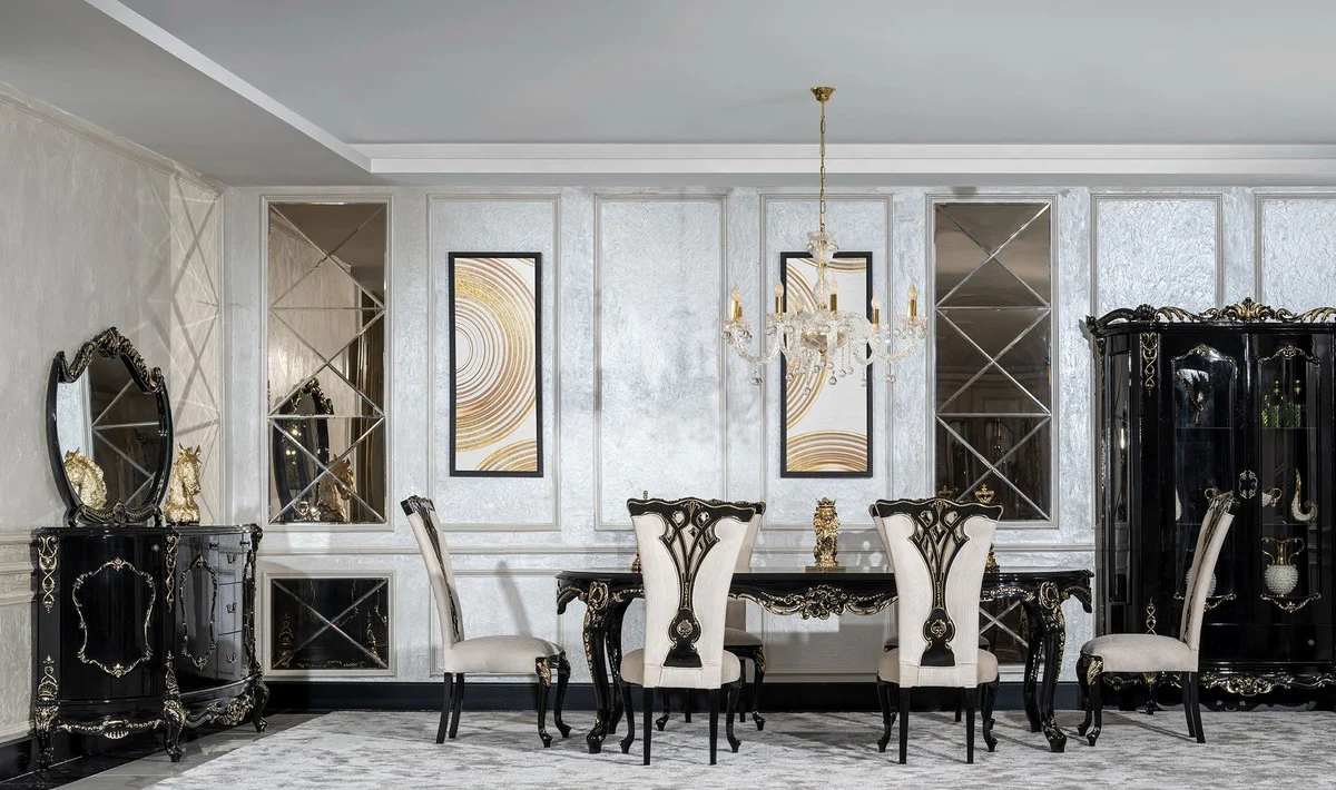 Luxus Barock Esszimmer Stuhl Creme / Schwarz / Gold - Prunkvoller Barockstil Küchen Stuhl - Luxus Esszimmer Möbel im Barockstil - Barock Möbel - Edel & Prunkvoll