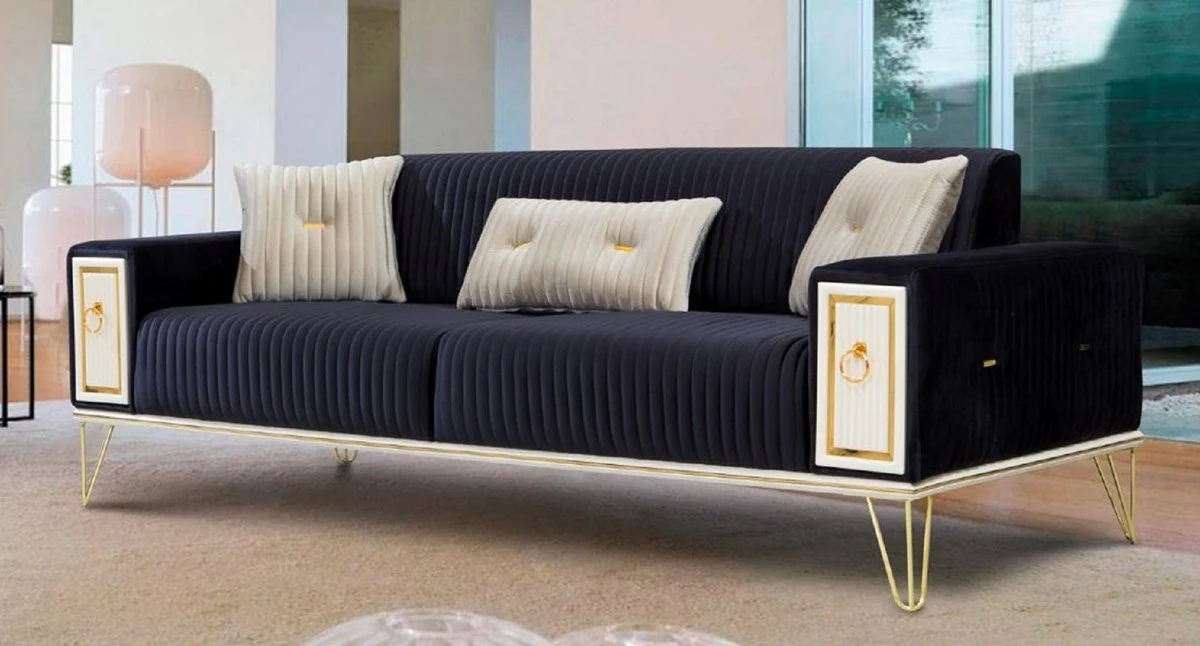 Luxus Schlafsofa Dunkelblau / Weiß / Gold 220 x 90 x H. 80 cm - Modernes Wohnzimmer Sofa - Wohnzimmer Möbel
