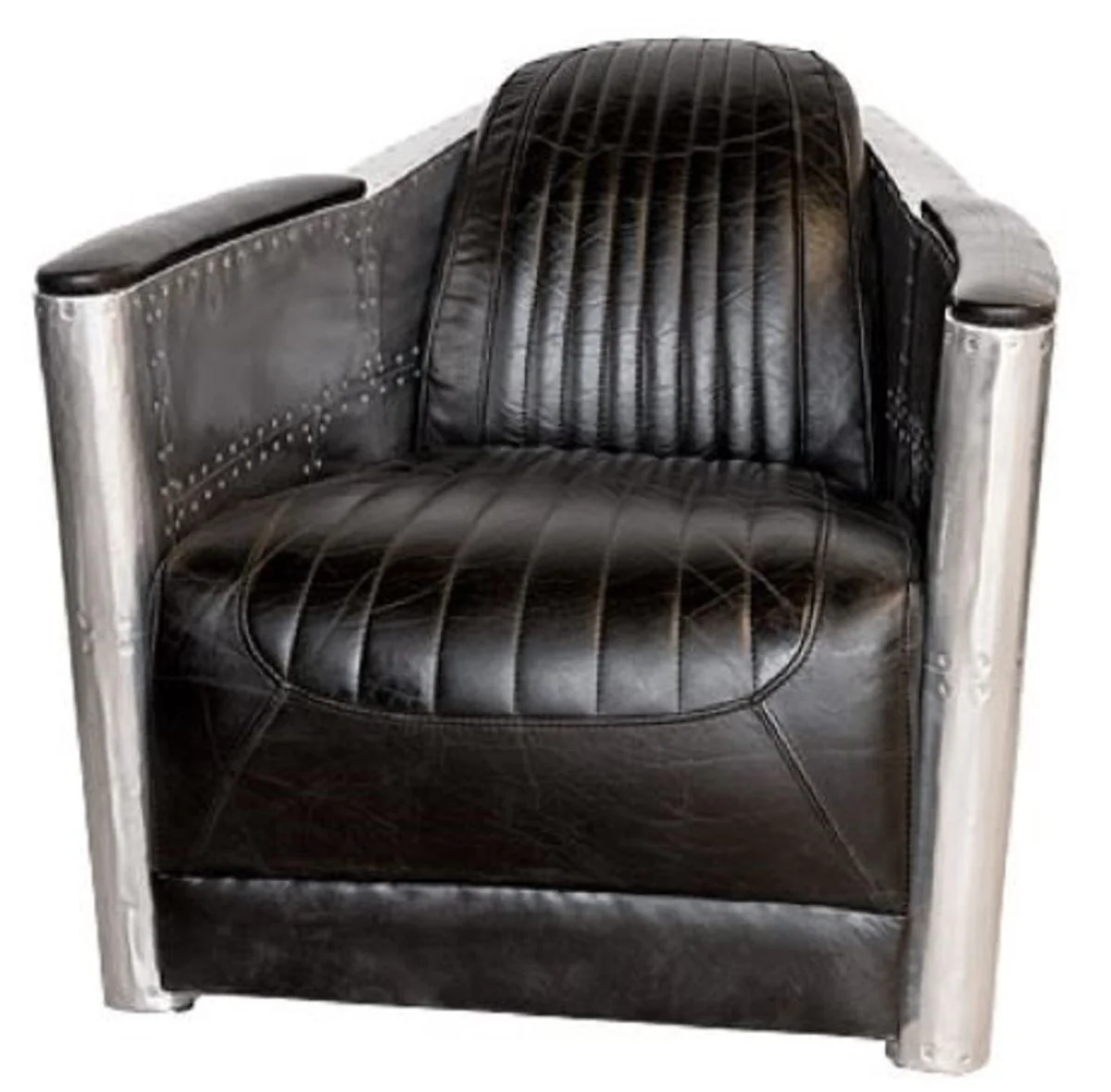 Art Deco Aluminium Echtleder Sessel Schwarz / Silber 74,5 x 94 x H. 78 cm - Club Sessel - Lounge Sessel - Flugzeug Flieger Möbel