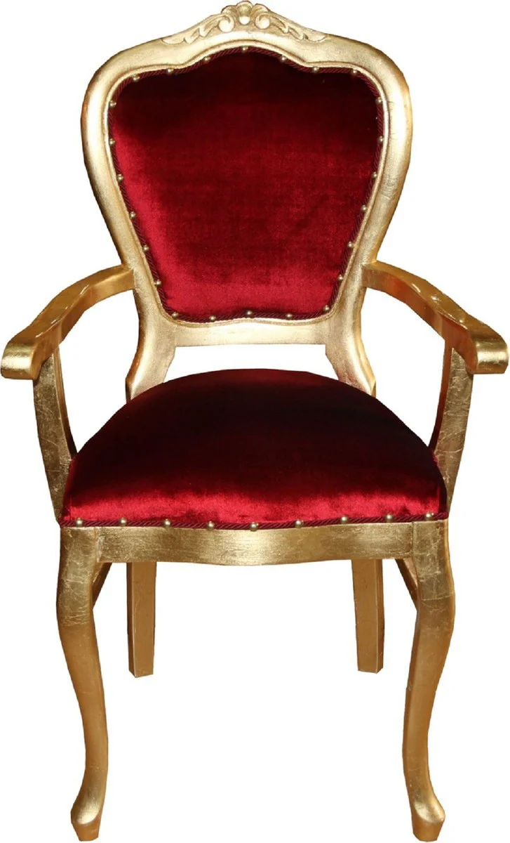 Luxus Barock Esszimmer Set Bordeauxrot / Gold 60 x 47 x H. 99 cm - 4 handgefertigte Esszimmerstühle mit Armlehnen - Barock Esszimmermöbel