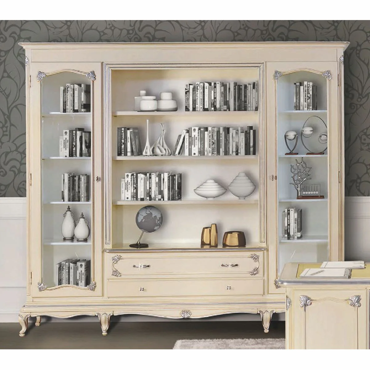Luxus Barock Bücherschrank Creme / Silber 250 cm - Made in Italy