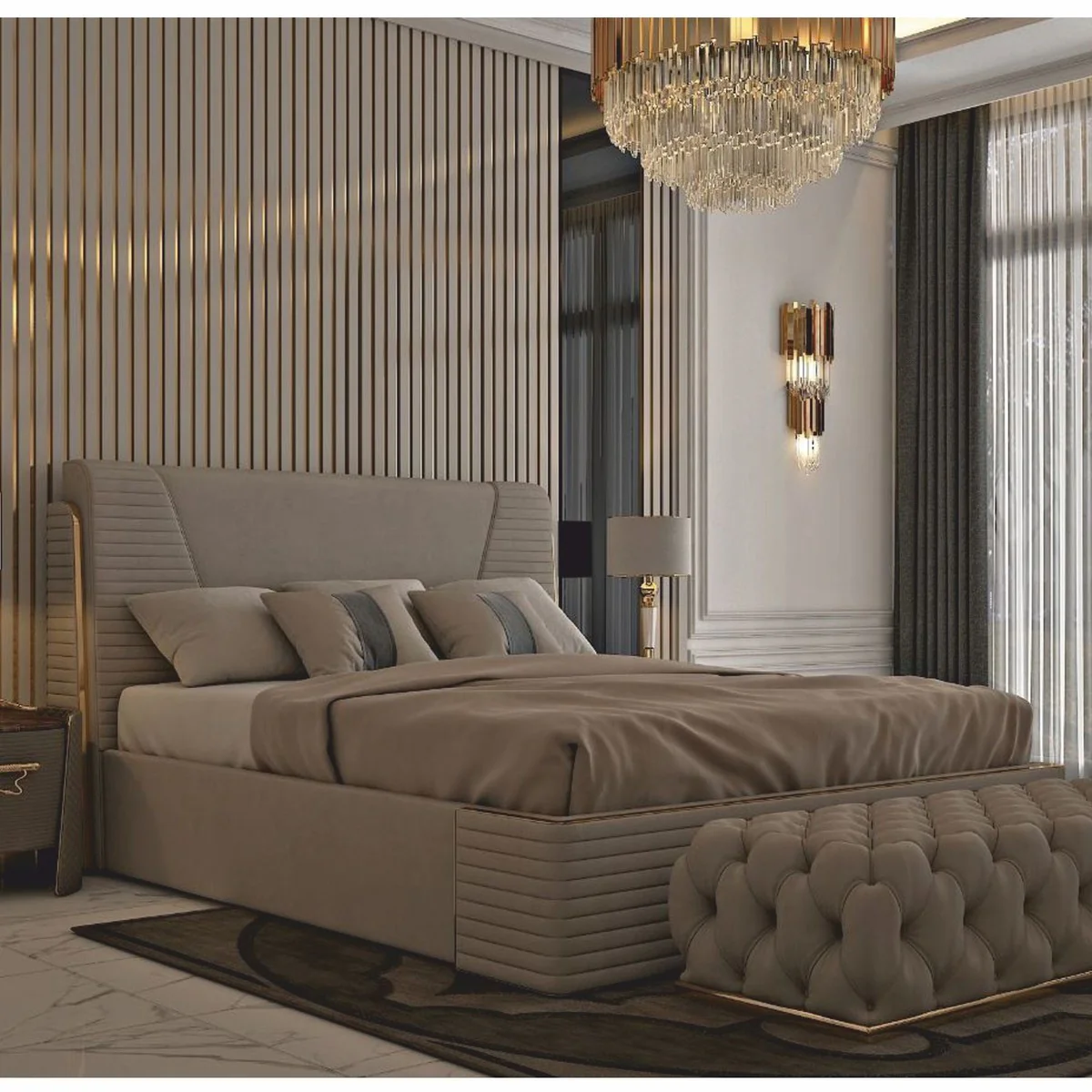 Luxus Doppelbett Grau / Gold - Hotel & Schlafzimmer Interior