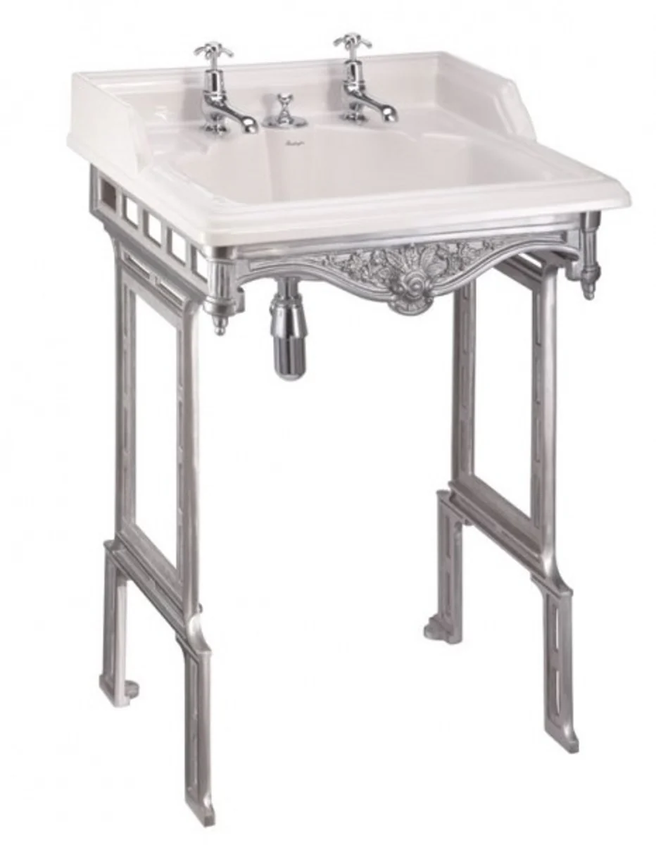 Jugendstil Stand Waschtisch Weiß / Silber mit 2 Hahnlöchern - Barock Waschbecken Barockstil Antik Stil