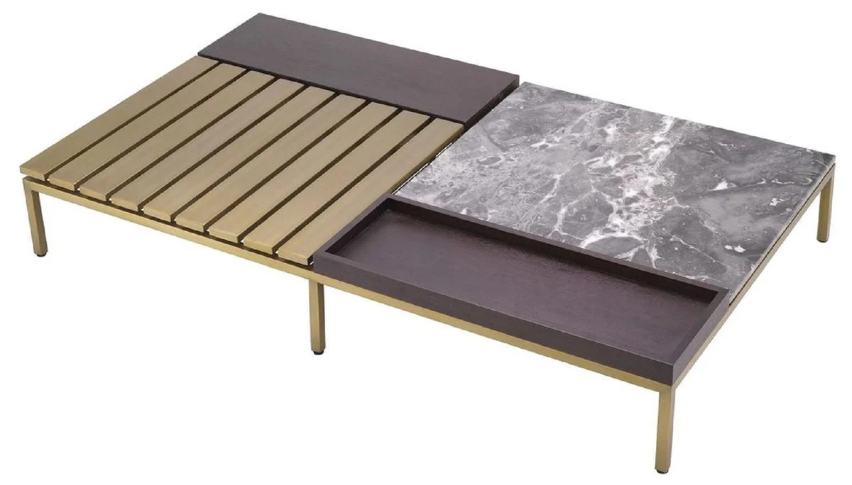 Luxus Couchtisch Messingfarben / Grau / Braun 169,5 x 99,5 x H. 27 cm - Moderner Wohnzimmertisch - Luxus Wohnzimmer Möbel - Luxus Qualität