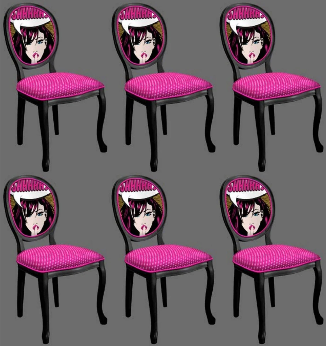 Barock Esszimmerstuhl Set Lila / Mehrfarbig / Schwarz - 6 Handgefertigte Küchen Stühle im Barockstil - Barock Esszimmer Möbel