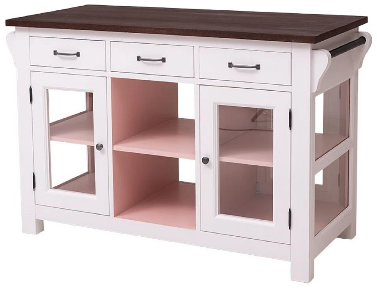 Landhausstil Kücheninsel Hellgrau / Rosa / Dunkelbraun 135 x 65 x H. 90 cm - Massivholz Esszimmerschrank - Landhausstil Massivholz Küchen Möbel - Esszimmer Möbel im Landhausstil
