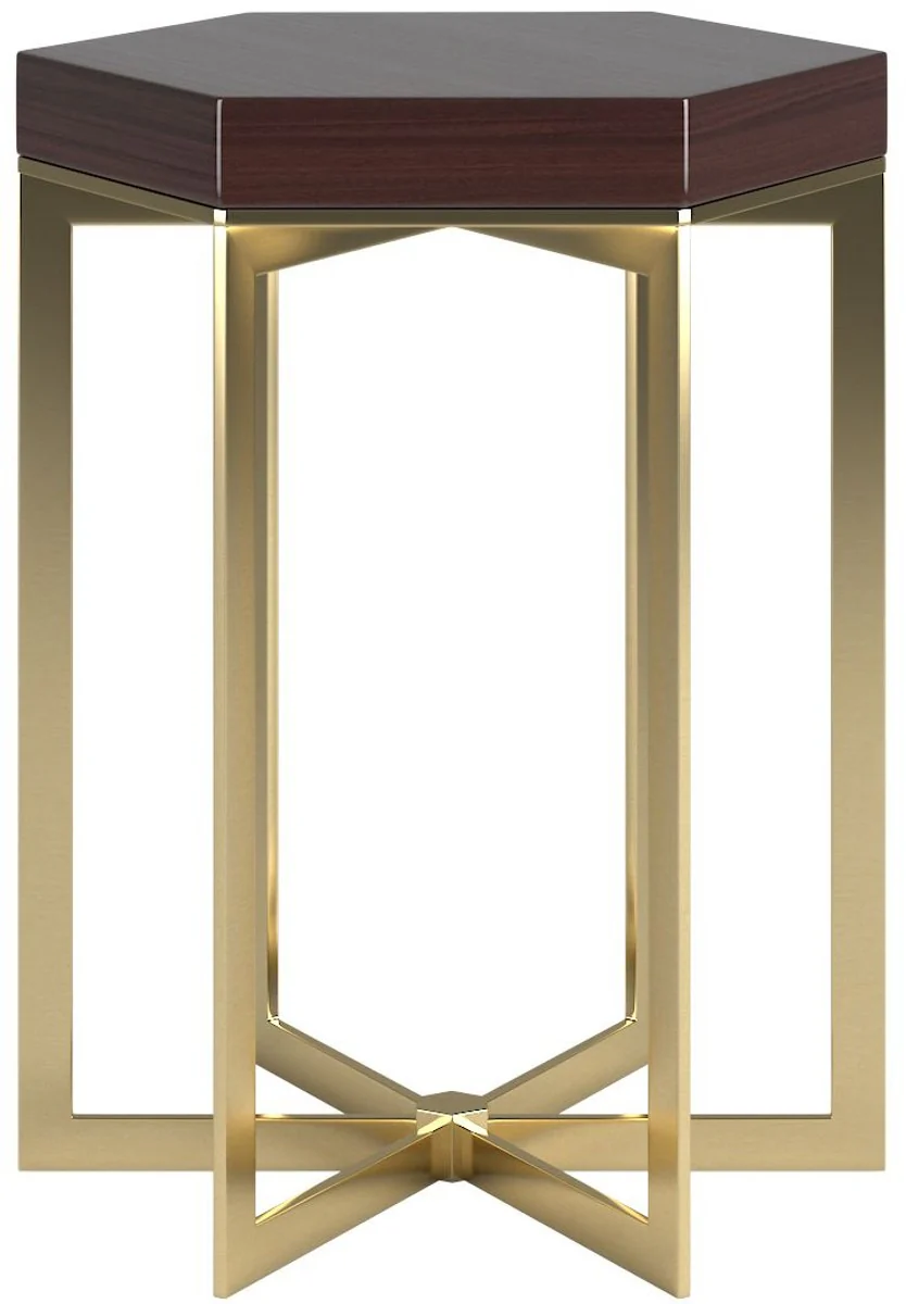 Designer Beistelltisch Dunkelbraun Hochglanz / Gold 50 x 50 x H. 65 cm - Edler 6-eckiger Tisch mit Massivholz Tischplatte und Edelstahl Gestell - Luxus Qualität