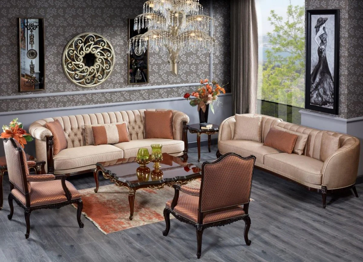 Luxus Barock Sofa Beige / Dunkelbraun - Prunkvolles Wohnzimmer Sofa - Barockstil Wohnzimmer Möbel - Luxus Möbel im Barockstil - Barock Einrichtung - Edel & Prunkvoll