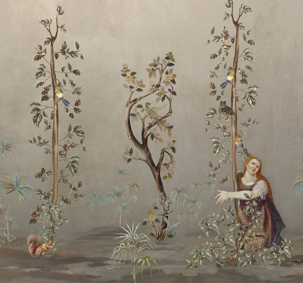 Luxus Vorhang Set Frauen im Garten Grau / Mehrfarbig 250 x H. 290 cm - Bedruckte Leinen & Samt Vorhänge - Ösenvorhänge - Schiebevorhänge - Luxus Kollektion