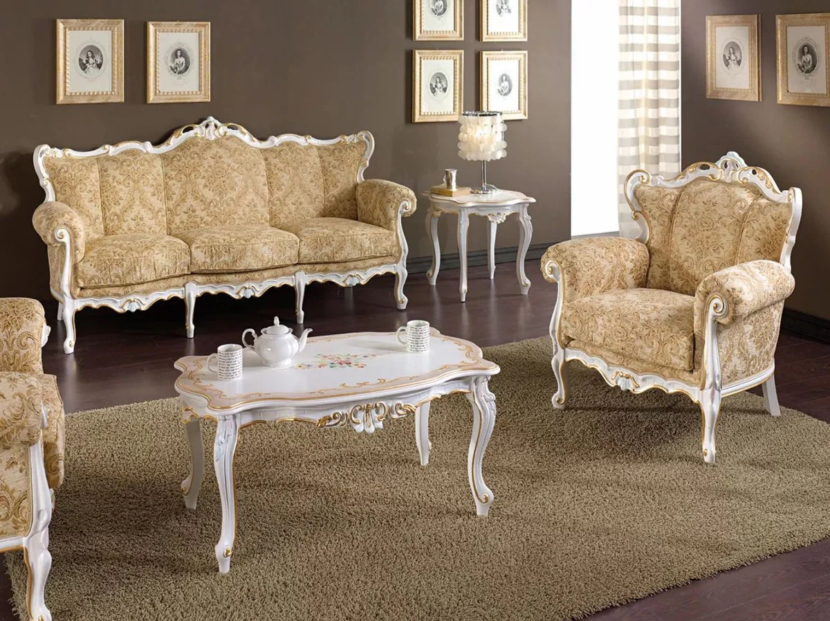 Luxus Barock Sofa Beige / Weiß / Gold - Handgefertigtes Wohnzimmer Sofa im Barockstil - Barock Wohnzimmer & Hotel Möbel - Luxus Qualität - Made in Italy