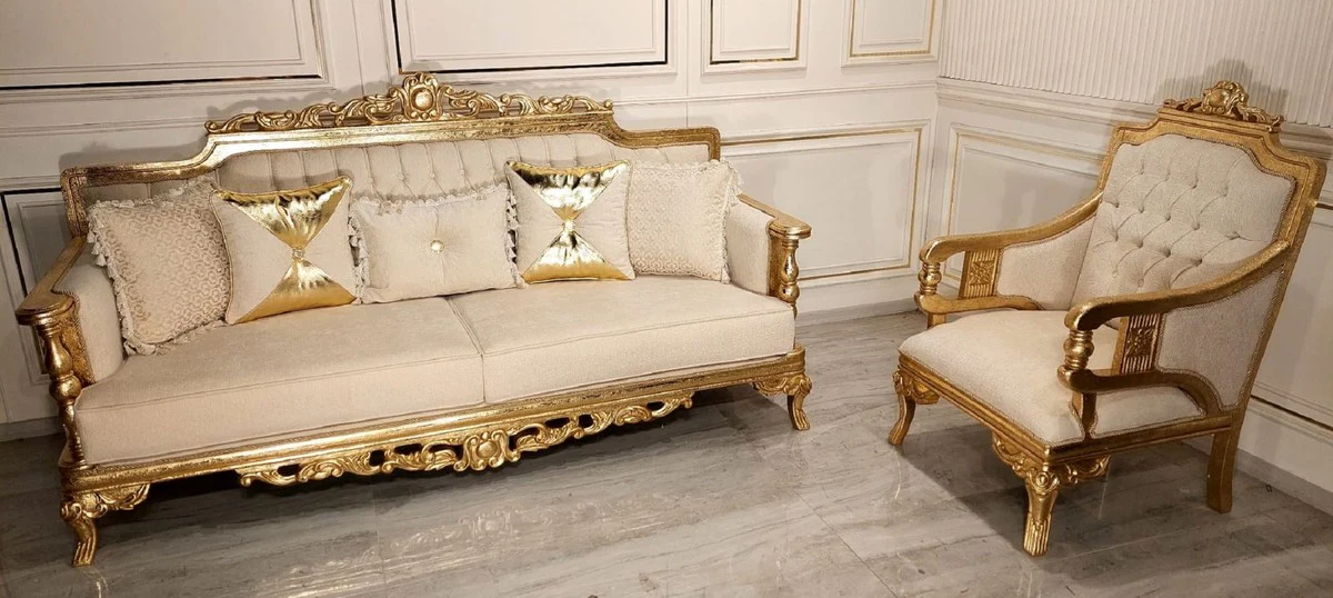 Luxus Barock Wohnzimmer Sofa Creme / Gold - Handgefertigtes Barockstil Sofa - Luxus Wohnzimmer Möbel im Barockstil - Barock Möbel - Edel & Prunkvoll
